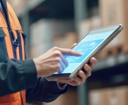 Warehouse worker manages tracking and locationing package using a tablet