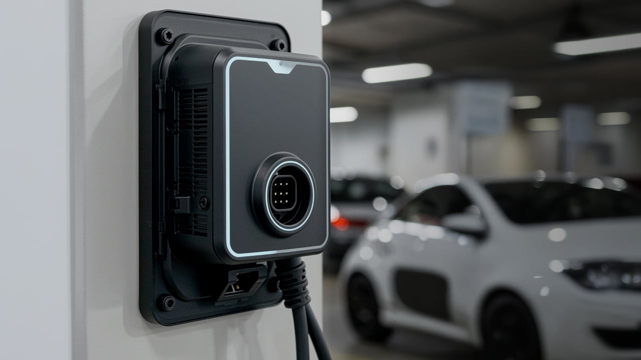 Automotive On-Board Charger (OBC) attached to an indoor garage wall with white electric car in the background.