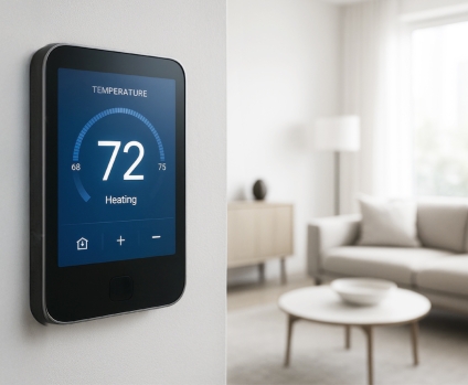 Smart thermostat mounted on a living room wall showing temperature.
