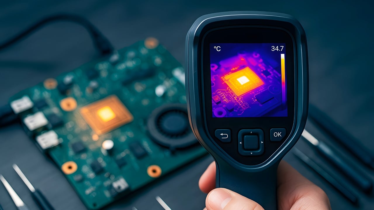 Handheld thermal imaging camera displaying a heatmap of an IC board.