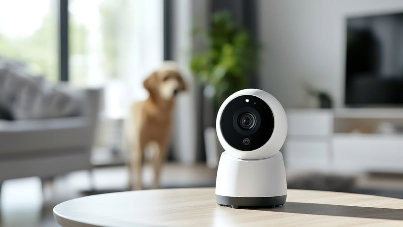 Indoor camera monitoring living space and pet dog