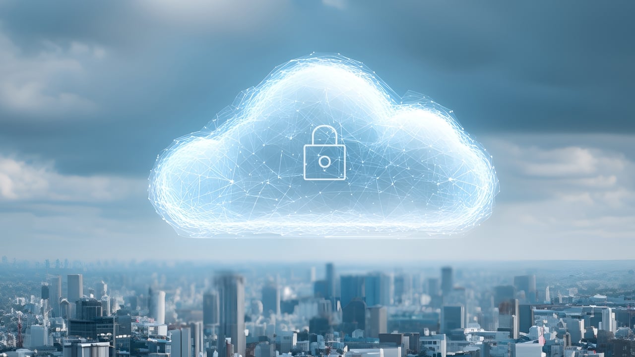 Secure cloud illustration covering smart city with network connections and data storage.