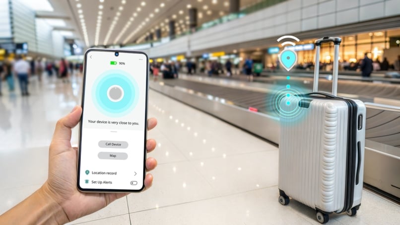 Hand holding phone with luggage finder device screen tracking suitcase location in an airport