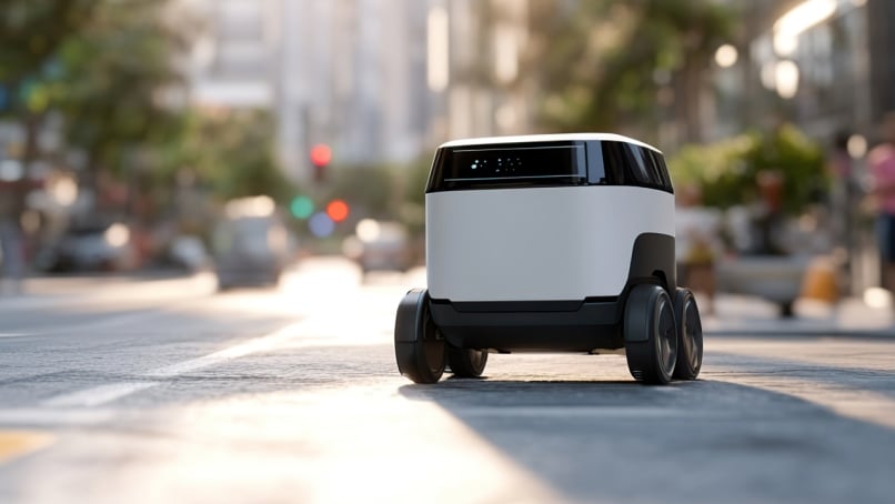 Self-driving mobile robot on urban street.