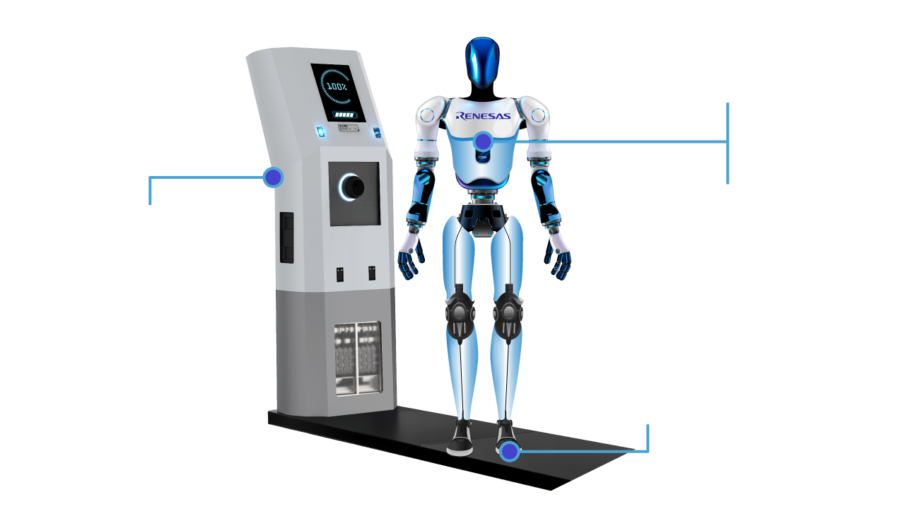 Illustration featuring humanoid robot with charging or docking station highlighting its power capabilities.