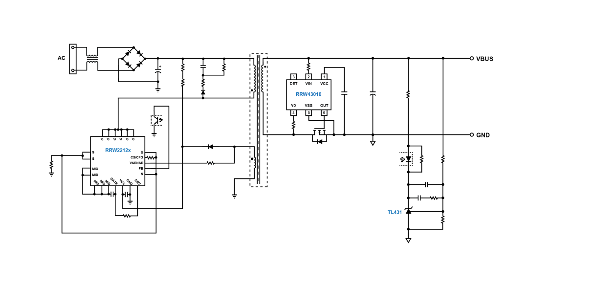 Typical RRW2212x application circuit using TL431 feedback and a bottom‑side synchronous rectifier driven by the RRW43010.